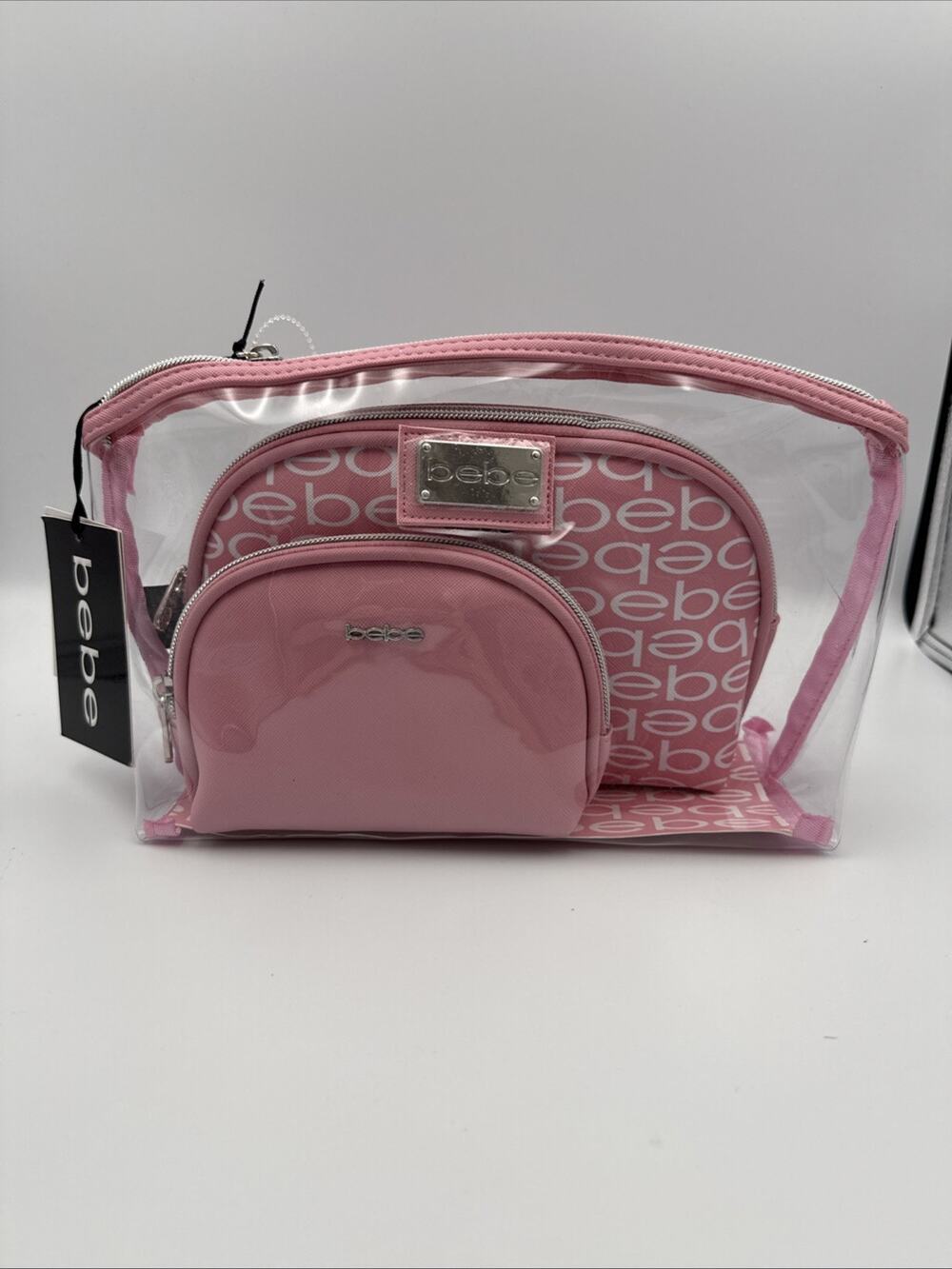 bebe Pink Clear-Front Cosmetic Case with Silver Logo 5 piece Set